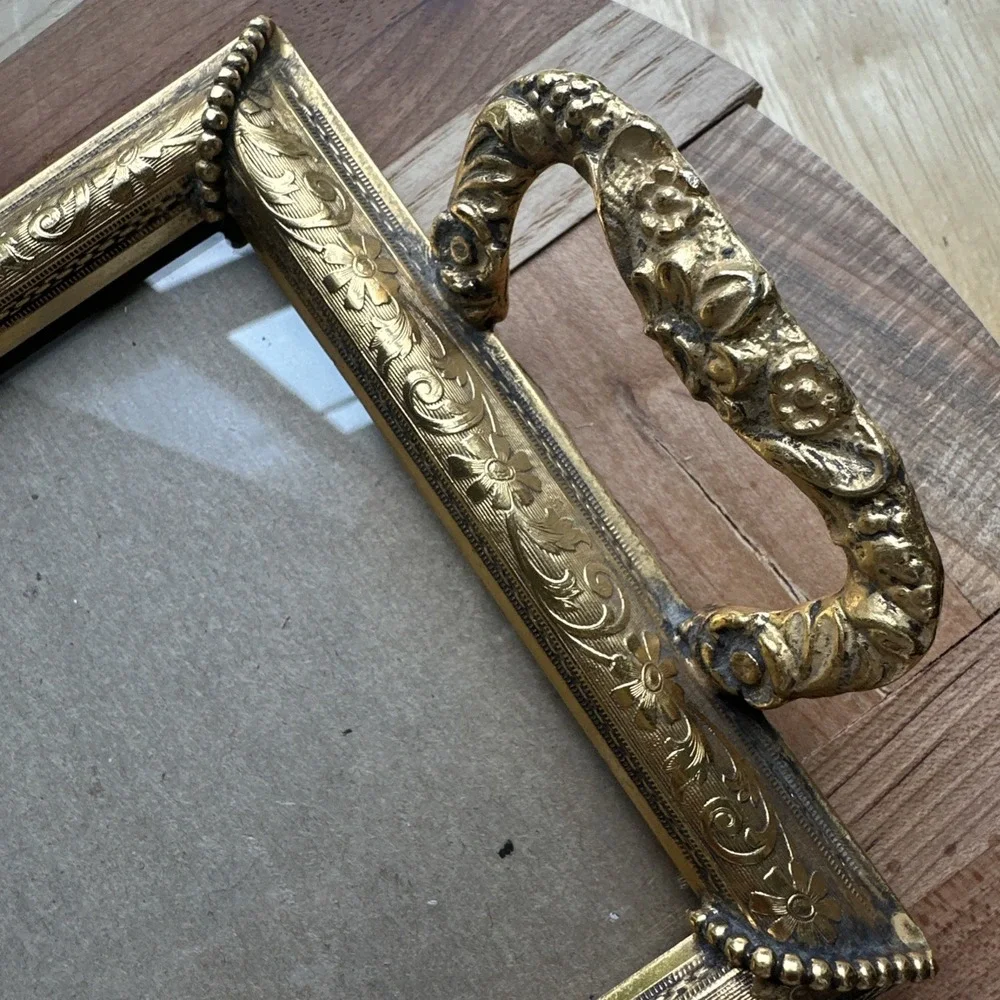 Vintage Picture Vanity Tray 8.5 Inch‎ Handles Velvet Gold Plate Ornate Flowers